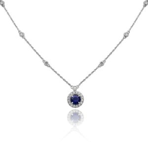 WHITE GOLD SAPPHIRE AND DIAMOND HALO NECKLACE